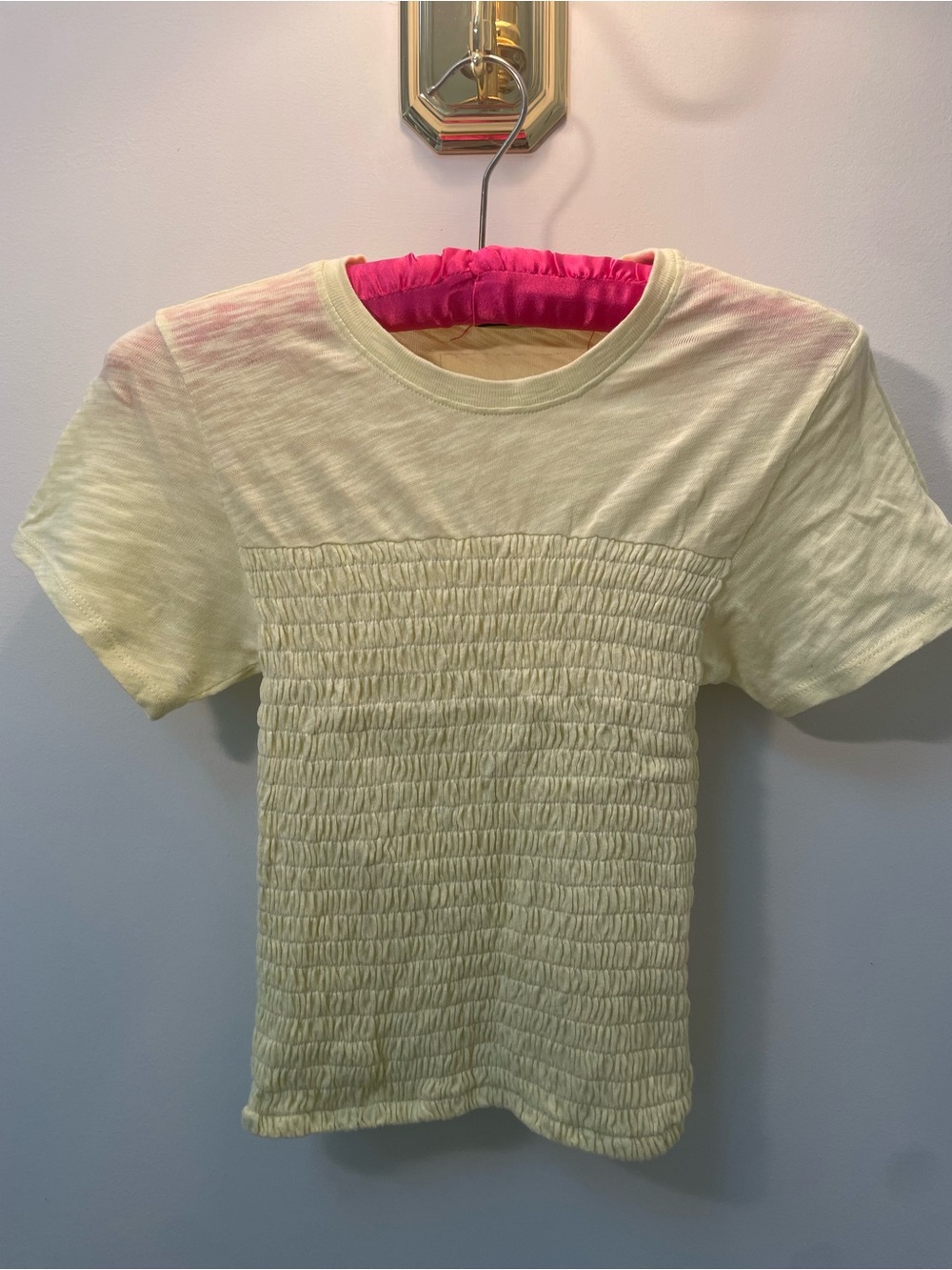 ATM pale yellow cotton smocked short sleeve tee shirt